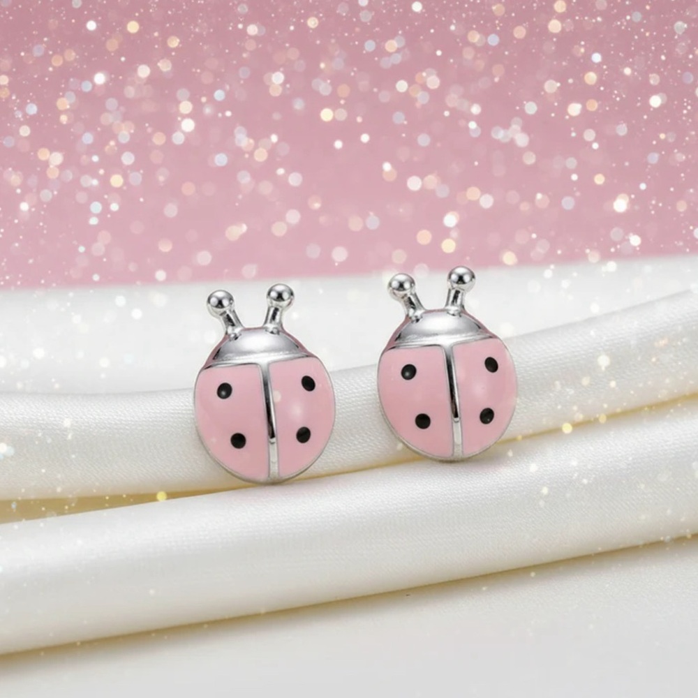 Pink and Silver Ladybug Earrings